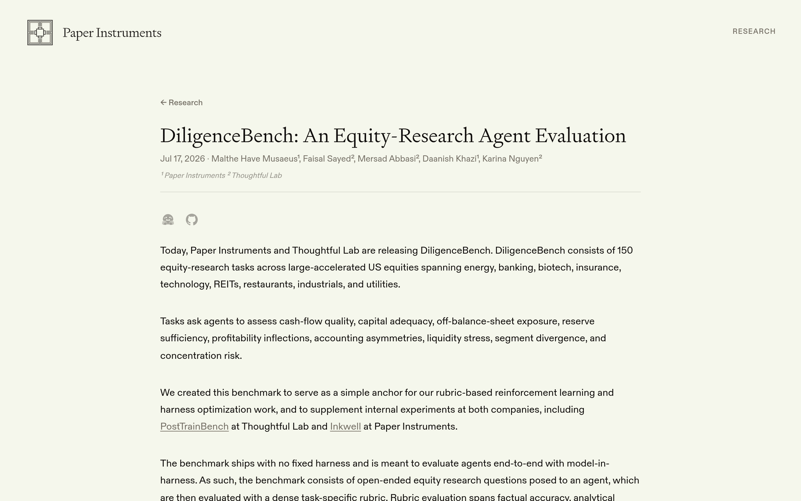 Screenshot of the DiligenceBench research release